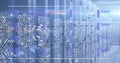 Image of text, numbers and data processing over computer servers Royalty Free Stock Photo