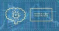 Image of texts and house and trees in square, ai text in brain over graphs against building
