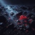 Mystical Red Lilies: Blooms Amidst Black Rocks in a Mysterious Mist, generative ai