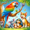 there are two cats, a parrot, and a dog all sitting on a jungle tree branch.