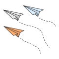 Image of three paper planes flying in the same direction with the trajectory of their movement. Cartoon colorful performance. Royalty Free Stock Photo