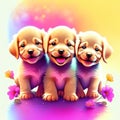 image of three puppies on a rainbow background close-up. horizontal photo. AI Generated