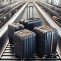 Image of three suitcases on a luggage conveyor belt in an airport.