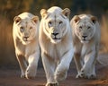 Three white lionesses are walking.