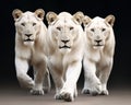 Three white lionesses are walking.