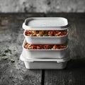 An image of three white plastic containers with lids stacked on a dark background Royalty Free Stock Photo