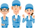 Three young work staff in blue uniform _ upper body