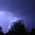 Image of thunder lightning against blue stormy sky with copy space