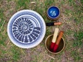 Tibetan bowls and Tibetan bells. Sacred tools for high energy. Royalty Free Stock Photo