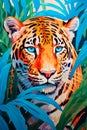 Image of tiger with blue eyes and green leaves. Generative AI Royalty Free Stock Photo