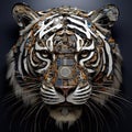 Image of tiger face made with steel and various metals on clean background. Wildlife Animals. Illustration, Generative AI