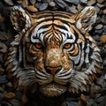 Image of tiger face made with various stones gathered together. Wildlife Animals. Illustration, Generative AI