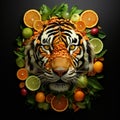 Image of tiger face made with vegetables and fruits on clean background. Wildlife Animals. Illustration, Generative AI