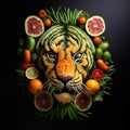 Image of tiger face made with vegetables and fruits on clean background. Wildlife Animals. Illustration, Generative AI