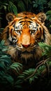 Image of tiger in the jungle with green leaves. Generative AI Royalty Free Stock Photo