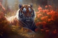 Image of a tiger surrounded by colorful tropical flowers in a beautiful garden. Wildlife Animals. Illustration, Generative AI