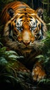Image of tiger surrounded by plants and greenery. Generative AI Royalty Free Stock Photo