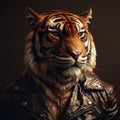 Image of a tiger wore a leather jacket on clean background. Wildlife Animals. Illustration, Generative AI
