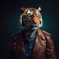 Image of a tiger wore a leather jacket on clean background. Wildlife Animals. Illustration, Generative AI