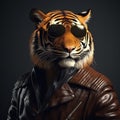 Image of a tiger wore a leather jacket and wore sunglasses on clean background. Wildlife Animals. Illustration, Generative AI