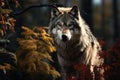 Image of a Timbler Wolf, with a woodland back ground