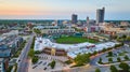 TinCaps stadium at Parkview Field aerial sunrise over downtown Fort Wayne