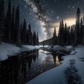 Frosty reflections in the night: winter landscape in the mountains with coniferous forest Royalty Free Stock Photo