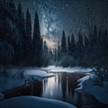 Frosty reflections in the night: winter landscape in the mountains with coniferous forest Royalty Free Stock Photo