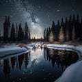 Frosty reflections in the night: winter landscape in the mountains with coniferous forest