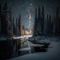 Frosty reflections in the night: winter landscape in the mountains with coniferous forest