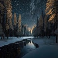 Frosty reflections in the night: winter landscape in the mountains with coniferous forest