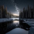 Frosty reflections in the night: winter landscape in the mountains with coniferous forest