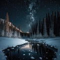 Frosty reflections in the night: winter landscape in the mountains with coniferous forest