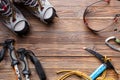Image on top of ski poles, boots, picks on wooden background. Royalty Free Stock Photo