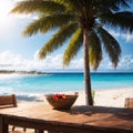 Top of wood table with seascape and palm tree, blur bokeh light of calm sea and sky at tropical beach background. Empty ready for Royalty Free Stock Photo