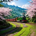 Image of A tourist train traveling under beautiful cherry blossom trees (Sakura) in the green lush forest of Alishan