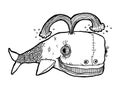 Image of a toy whale. Black and white graphics, well suited for children`s publications, registration of children`s products. Royalty Free Stock Photo