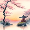 image of the traditional Japanese watercolor painting art featuring cherry blossoms,pagoda,bridge,bamboo and serene landscape. Royalty Free Stock Photo