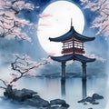 image of the traditional Japanese watercolor painting art featuring cherry blossoms,pagoda,bridge,bamboo and serene landscape.