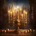 Image of a traditional Jewish Menorah candlestick.Background of an ancient city