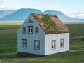 Traditional turf covered house in Glaumbaer, northwestern Iceland. Agricultural fields with horses, and snow-covered mountains in Royalty Free Stock Photo