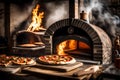 An image of a traditional wood-fired pizza oven with a blazing fire and a pizza baking on the stone surface Royalty Free Stock Photo