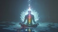 A translucent figure meditates in a mystical setting, with glowing chakras , symbolizing balance and enlightenment. Generative Ai