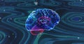 Image of transparent blue brain rotating on green background with flashing points of light