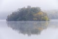 Image of tree island on the foggy lake at morning Royalty Free Stock Photo