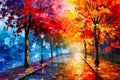 Image of tree-lined street with colorful fall leaves on the trees. Generative AI Royalty Free Stock Photo