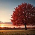 Tree of love. Red heart shaped tree at sunset. Beautiful landscape with red tree and falling leaves.Love background Royalty Free Stock Photo