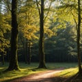 Trees in a colorful forest in bright sunlight in winter, Lage Vuursche, Utrecht, The Netherlands, February, made with