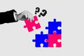 Image trendy banner 3d photo collage of handhold puzzle match piece creative jigsaw brainstorming think solution plan Royalty Free Stock Photo