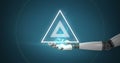 Image of triangle and dna strand spinning over robot\'s arm